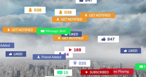 Social media engagement icons cascading over cityscape