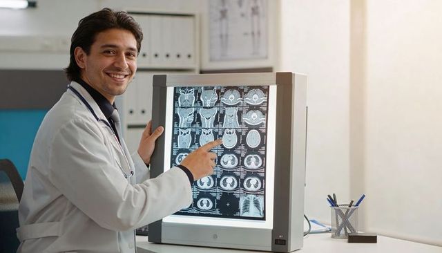 Smiling doctor pointing at radiology scans on lightbox reviewing ct and mri results