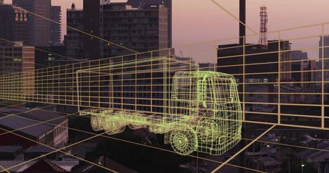 Neon Wireframe Truck Hovering Over Urban Rooftops at Dusk with Perspective Grid