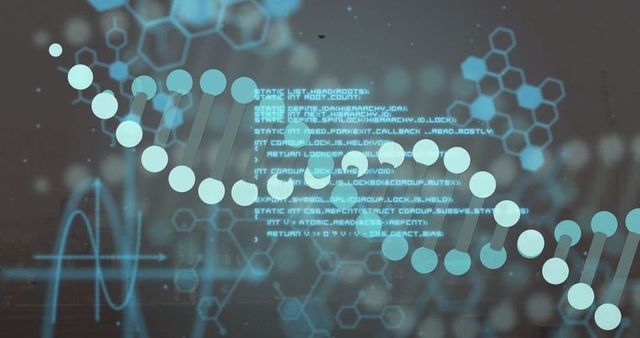 Futuristic DNA Double Helix with Code and Geometric Patterns