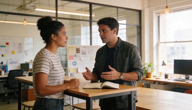 Two coworkers collaborating at standing desk in bright open-plan office with notebook