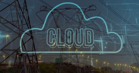 Neon cloud illustration floating above modern city highway