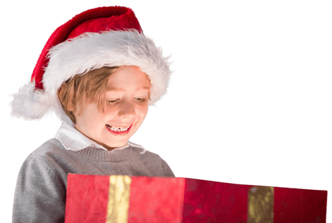 Smiling Boy in Santa Hat Holding Christmas Present on Transparent Background