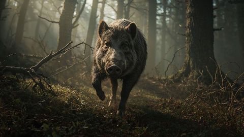 Wild boar walking in mystical forest