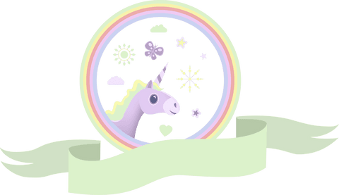 whimsical illustration features unicorn with pastel ribbon creating playful magical atmosphere. rainbow and celestial symbols evoke fairy tale vibes. ideal for kids' products like toys and games, party invitations, or decor branding projects. transparent background enables easy integration into various design projects.