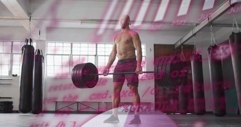Shirtless muscular man lifting heavy Olympic barbell deadlift in industrial gym workout