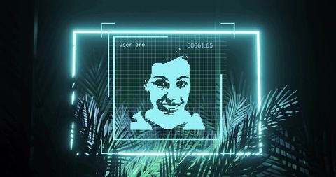 Futuristic neon holographic avatar portrait in teal grid frame with tropical foliage