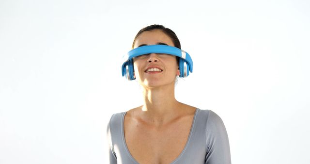 Woman Wearing Innovative Headband Headphones Smiling - Download Free Stock Images Pikwizard.com