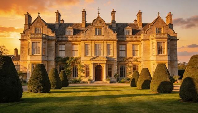 Golden-hour stone manor bathed in warm light with sculpted topiary and manicured lawn