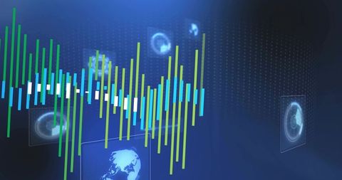 Multicolor Waveform Rising Across Futuristic Blue Dashboard HUD for Data Visualization