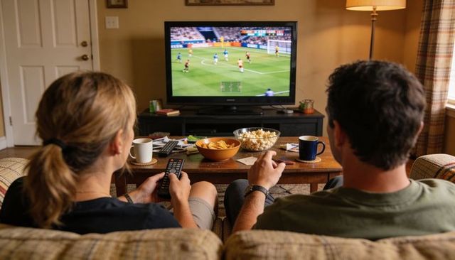 Couple watching soccer match on couch reaching for popcorn and chips during relaxed evening