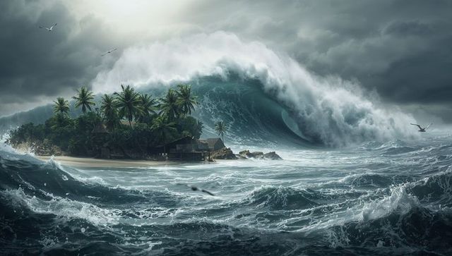 Dramatic Wave Crashing Over Tropical Island with Huts and Palm Trees