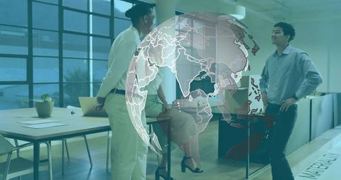 Global collaboration concept with holographic globe overlay and diverse team brainstorming