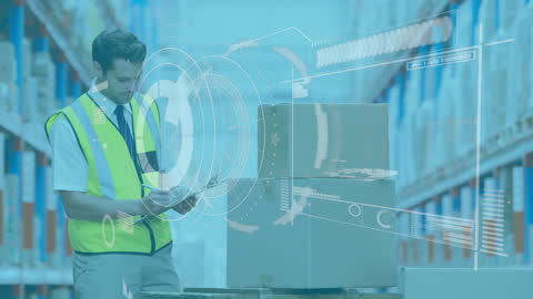 Futuristic Warehouse Inventory Management with Digital Interface