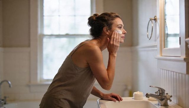 Woman applying facial cream at bathroom sink during morning skincare routine in minimalist space