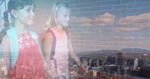 Two Excited Schoolgirls Exploring Urban Setting with City Skyline - Download Free Stock Images Pikwizard.com