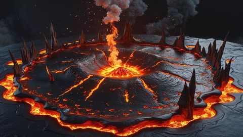 Dynamic volcano eruption with flowing hell lava and ash plumes