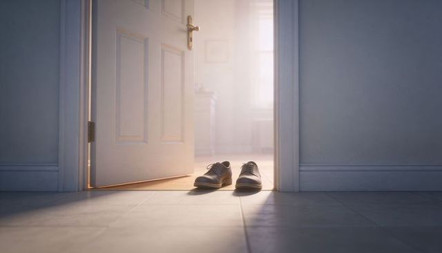 Morning sunlight spilling through partially open door onto leather shoes on tiled floor