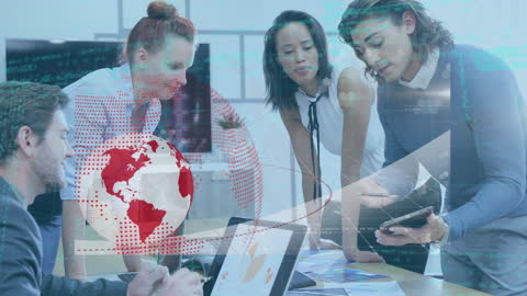 Diverse Team Collaborating with Global Data Overlay in Modern Office