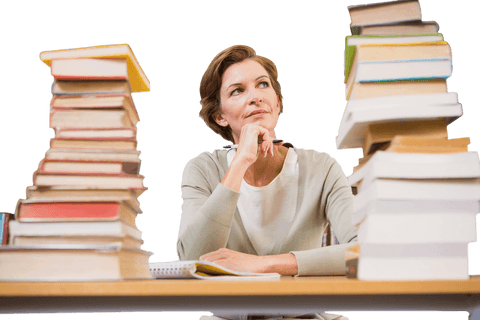 Transparent Pensive Teacher at Library Desk Surrounded by Stack of Books - Download Free Stock Videos Pikwizard.com
