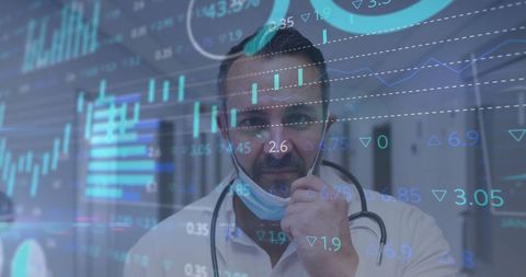 Doctor Analyzing Data with Transparent Digital Charts Overlay