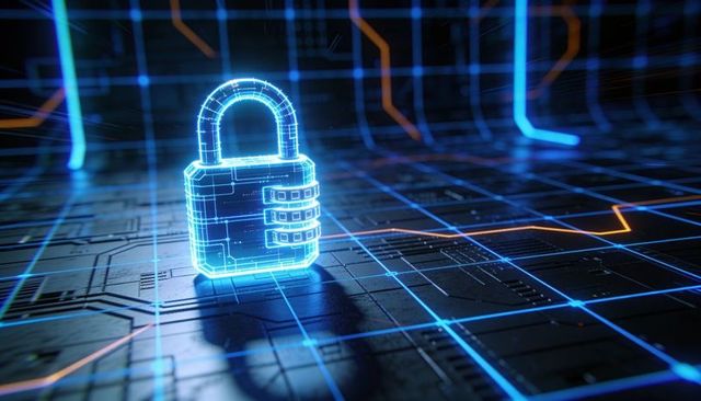 Neon Blue Holographic Padlock on Circuit Grid Representing Cybersecurity and Data Encryption