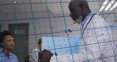 Doctor Handing Over Patient File During Digital Clinic Consultation with Data Grid Overlay