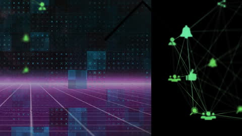 Digital Interface with Networked Media Icons on Futuristic Grid