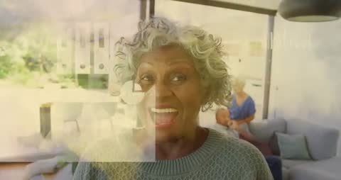 Elderly Woman Smiling with Data Overlay at Family Home