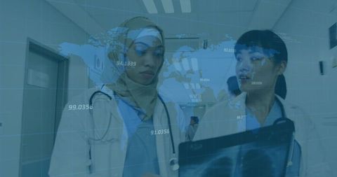 Global health insights with diverse female doctors analyzing x-ray