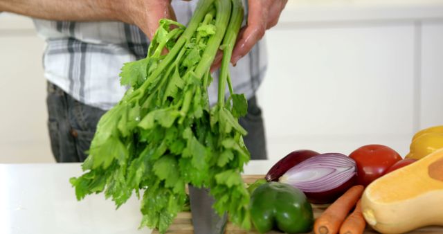 A person is chopping fresh celery on a wooden cutting board surrounded by various vegetables including a bell pepper, red onion, tomato, carrots, and butternut squash. Ideal for use in cooking blogs, recipe websites, health and wellness articles, or meal preparation guides.