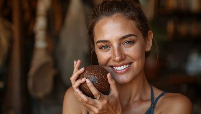 Smiling woman holding carved wooden orb to cheek in rustic artisan stall portrait