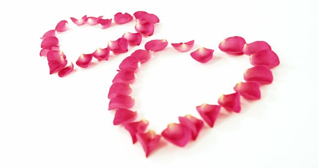 Two heart shapes are created from vibrant pink rose petals on a white background, with copy space. Symbolizing romance and love, the image is perfect for expressing affection during occasions like Valentine's Day or anniversaries.