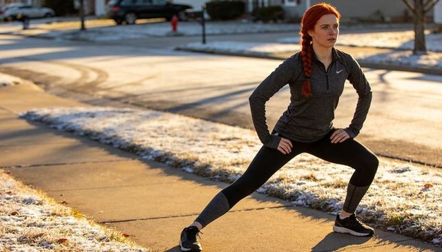 Red-haired woman stretching in side lunge on frosty suburban sidewalk at sunrise