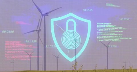 Holographic Cybersecurity Shield Protecting Wind Farm Network with Biometric Padlock Overlay