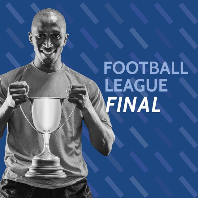 Football league final text by african american male football player with trophy over blue background. digital composite, sport, success, copy space, athleticism, football, competition.