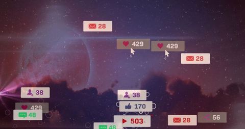 Drifting social media notifications across cosmic sky with neon planet and glowing cursors