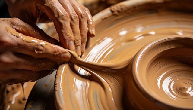 Hands shaping wet clay on pottery wheel creating glossy ceramic bowl and smooth rim