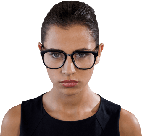 Transparent Young Businesswoman in Glasses Serious Expression