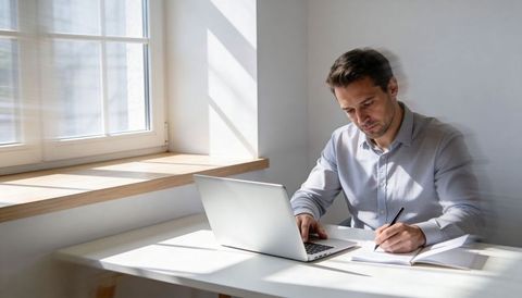 Remote professional working and writing notes at laptop in bright minimalist home office