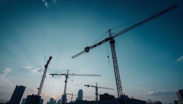Towering cranes silhouetting sunset skyline during downtown construction and urban development