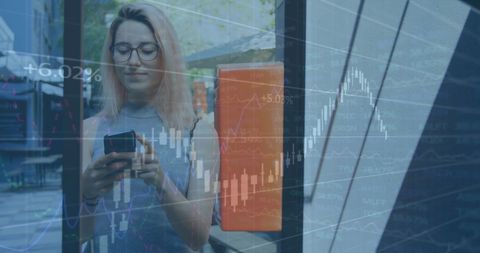 Woman Engaging with Smartphone Amid Financial Data Displays