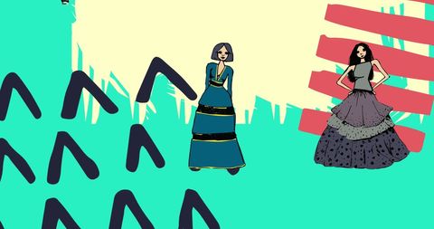 Fashion Illustration with Abstract Patterns on Blue Background