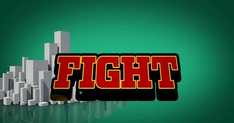 Fight text icon over stylized cityscape background