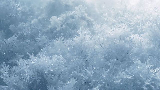 Shimmering Ice Crystal Frost Carpet Closeup, Macro Snowflake Texture for Winter Design