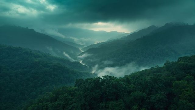 Misty rainforest valley with flowing river and lush canopy