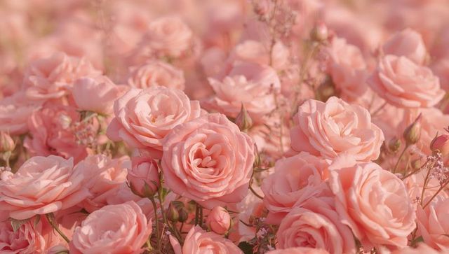 Blooming peach-pink rose garden cluster with delicate buds and soft pastel bokeh