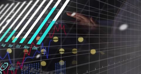 Reaching Right Hand Touching Holographic Financial Dashboard with Cyan Growth Bars and Grid