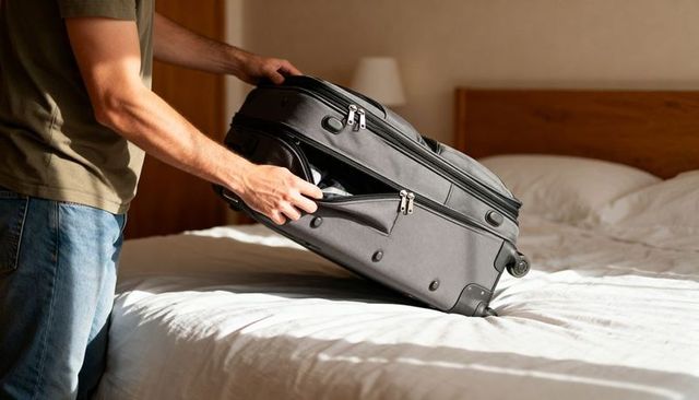 Man packing gray wheeled suitcase on sunlit bed, preparing trip, casual jeans and tee