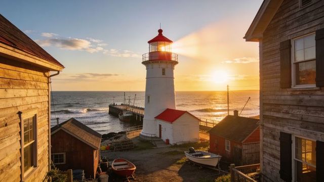Sunset lighthouse guiding harbor boats at golden hour with pier and fishing village